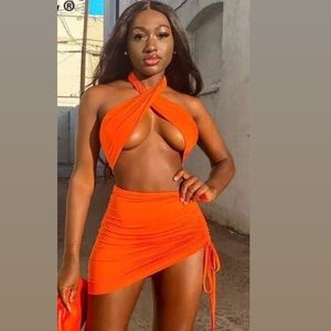Orange small two piece twist crop top with skirt